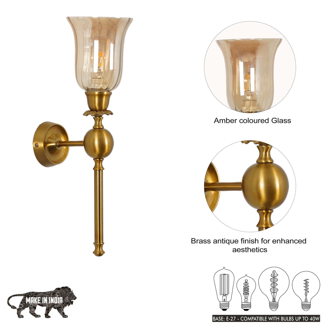 ABBIE Single Light Wall Fitting In Antique Brass Finish Metal With Amber Glass
