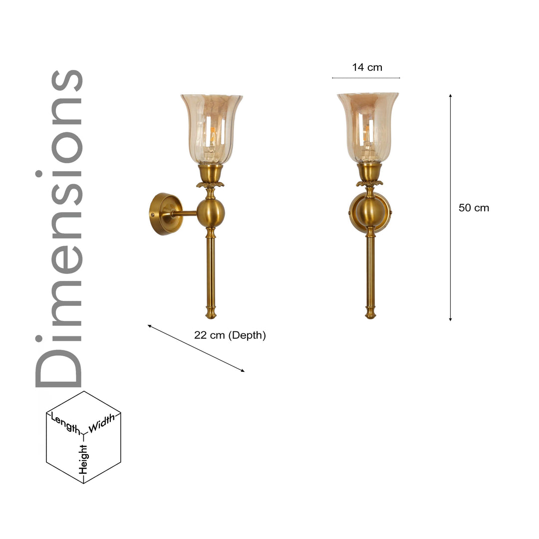 ABBIE Single Light Wall Fitting In Antique Brass Finish Metal With Amber Glass