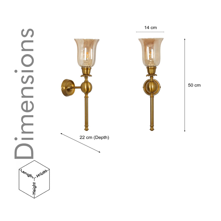 ABBIE Single Light Wall Fitting In Antique Brass Finish Metal With Amber Glass