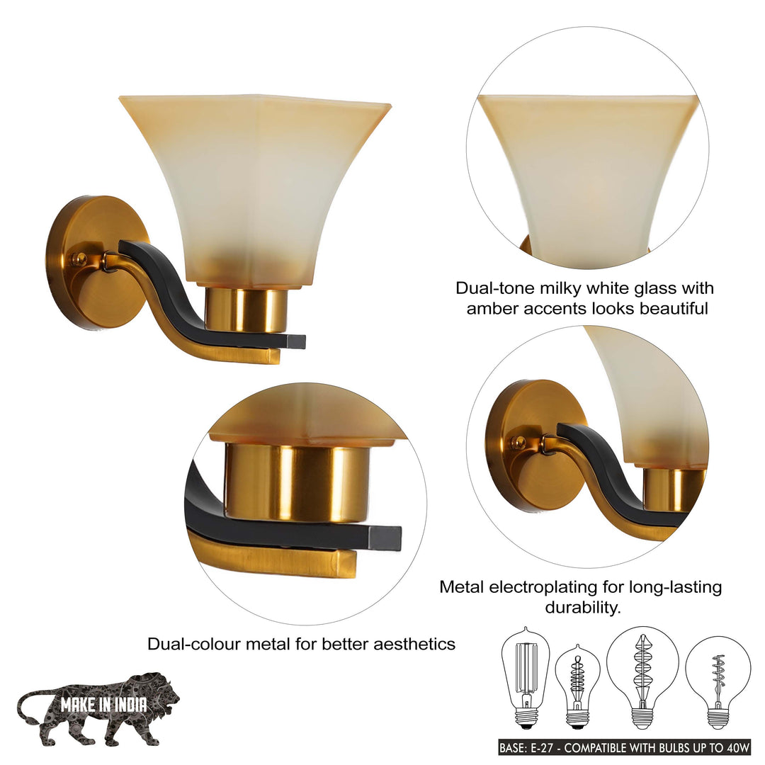 SUTTON Single Light Wall Fitting In Brass And Black  Finish Metal With White Glass