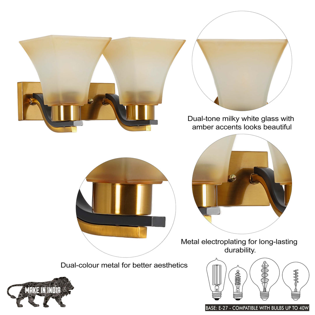 SUTTON 2 Light Wall Fitting In Brass And  Black Finish Metal With White Glass