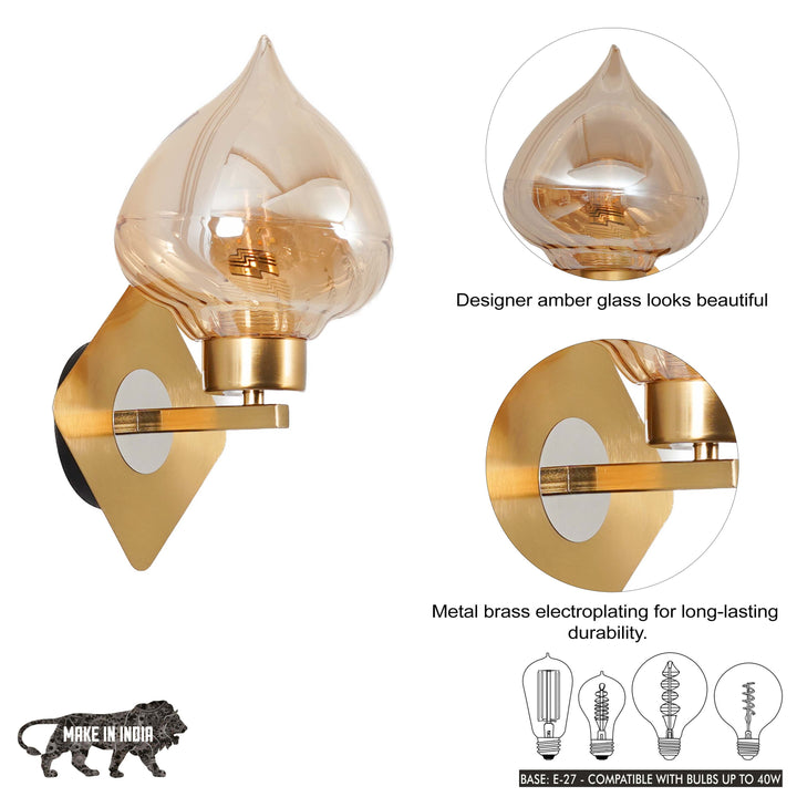 VIX Single Light Wall Fitting In Brass And Chrome Finish Metal With Amber Glass