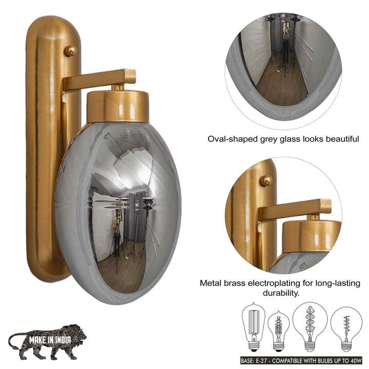 ZEN Single Light Wall Fitting In Brass Finish Metal With Gray Glass