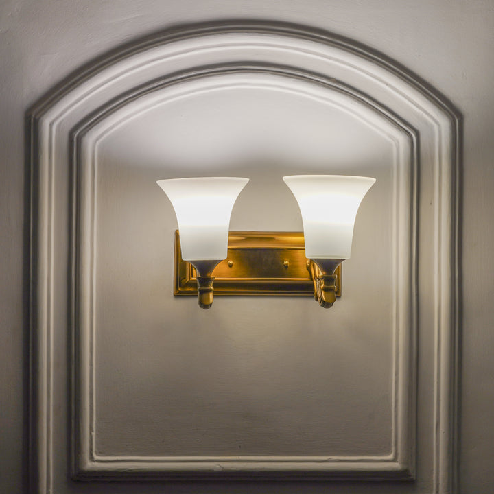 FRANKLIN 2 Light Wall Fitting In Brass Finish Metal With Frosted White Glass
