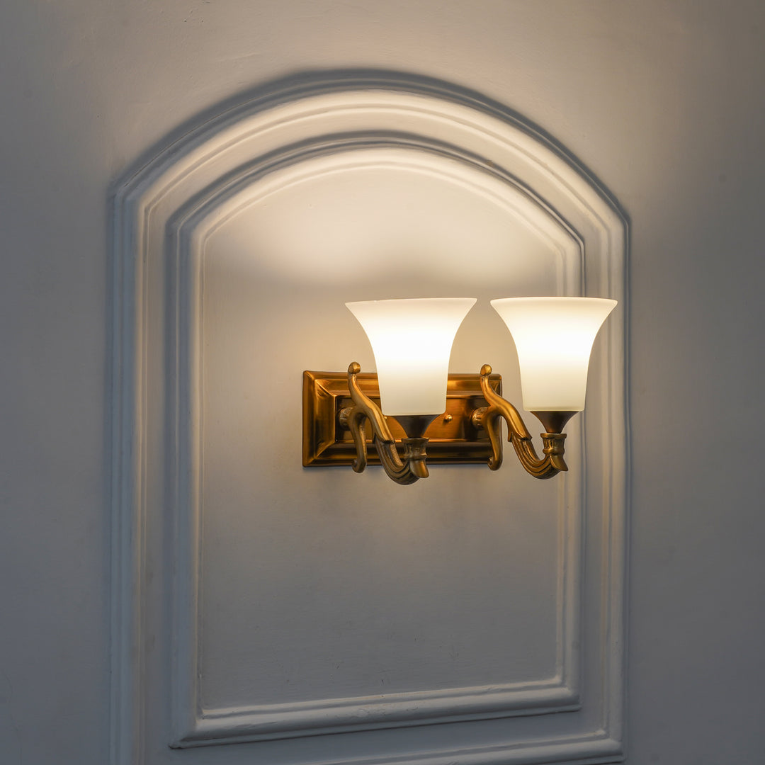 FRANKLIN 2 Light Wall Fitting In Brass Finish Metal With Frosted White Glass