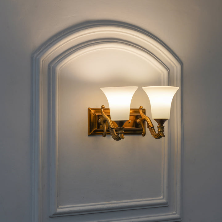 FRANKLIN 2 Light Wall Fitting In Brass Finish Metal With Frosted White Glass
