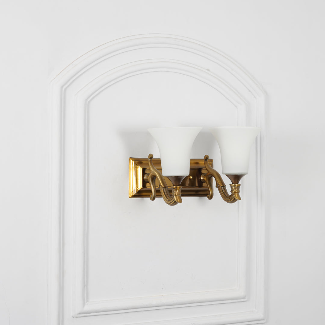 FRANKLIN 2 Light Wall Fitting In Brass Finish Metal With Frosted White Glass