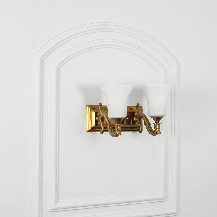 FRANKLIN 2 Light Wall Fitting In Brass Finish Metal With Frosted White Glass