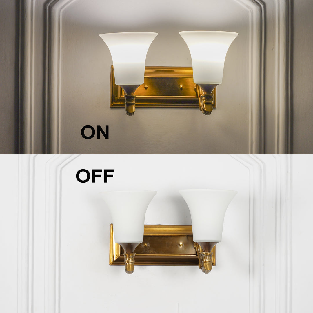FRANKLIN 2 Light Wall Fitting In Brass Finish Metal With Frosted White Glass