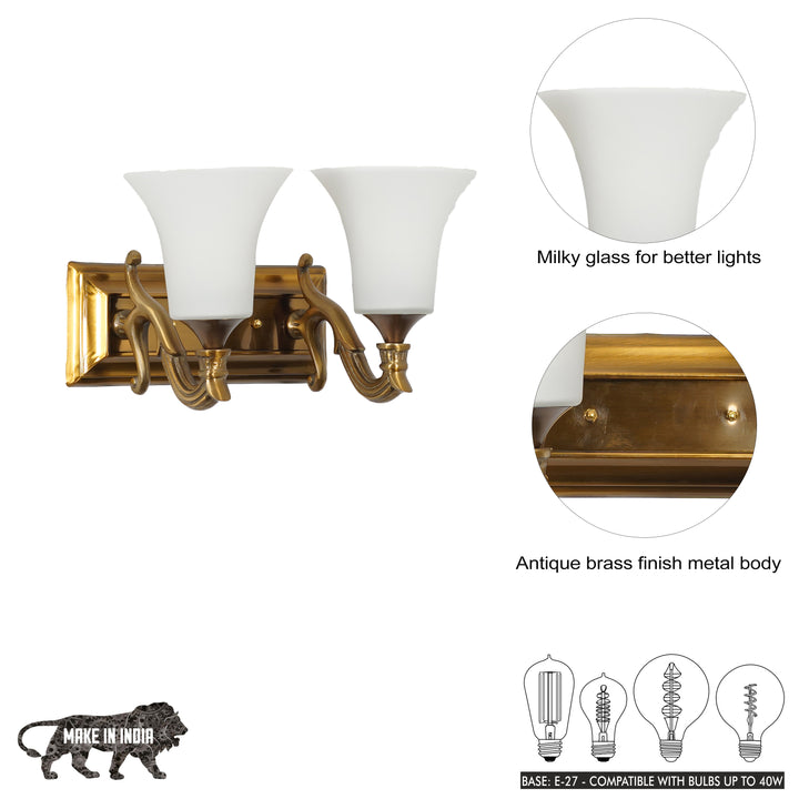 FRANKLIN 2 Light Wall Fitting In Brass Finish Metal With Frosted White Glass