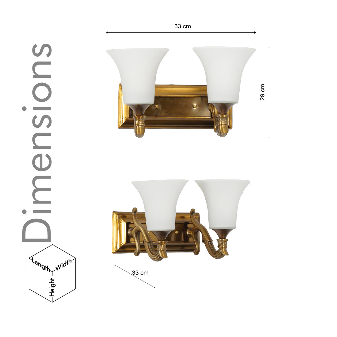 FRANKLIN 2 Light Wall Fitting In Brass Finish Metal With Frosted White Glass