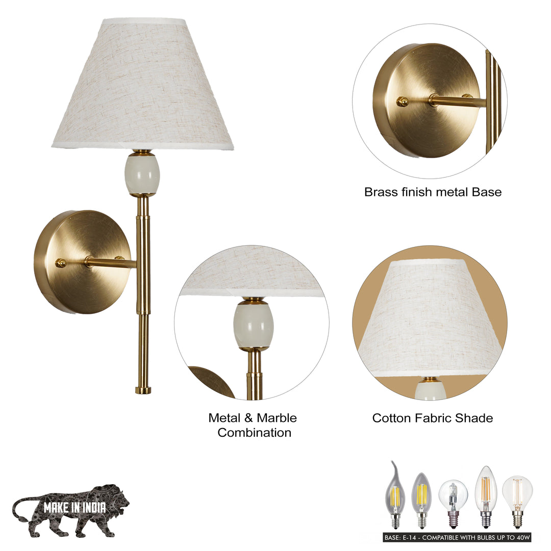 BETTIE Inbuild LED Wall Light in Brass Finish With White Cotton Shade