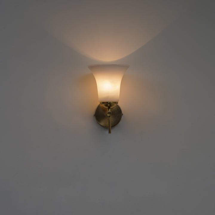 AURORA Modern Brass Finish Metal Wall Light with Frosted White Glass Shade | Single Light E27 Holder Decorative Wall Sconce
