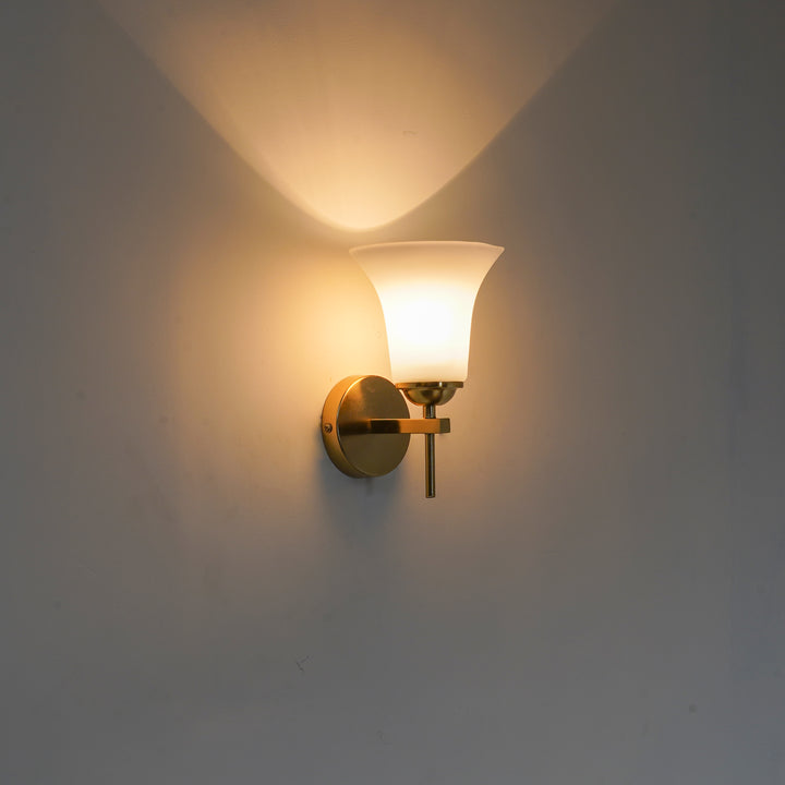AURORA Modern Brass Finish Metal Wall Light with Frosted White Glass Shade | Single Light E27 Holder Decorative Wall Sconce