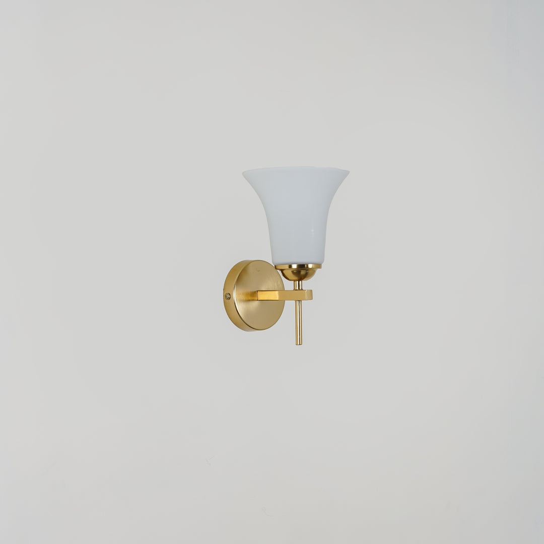 AURORA Modern Brass Finish Metal Wall Light with Frosted White Glass Shade | Single Light E27 Holder Decorative Wall Sconce