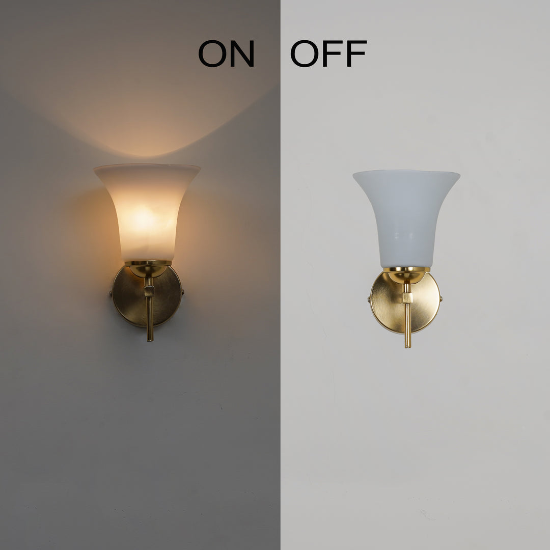 AURORA Modern Brass Finish Metal Wall Light with Frosted White Glass Shade | Single Light E27 Holder Decorative Wall Sconce