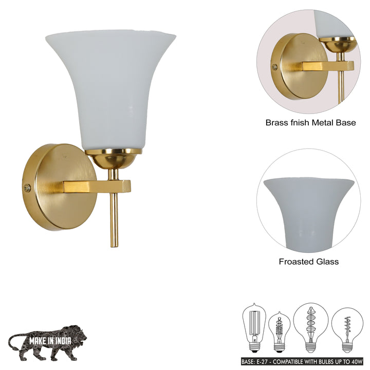 AURORA Modern Brass Finish Metal Wall Light with Frosted White Glass Shade | Single Light E27 Holder Decorative Wall Sconce
