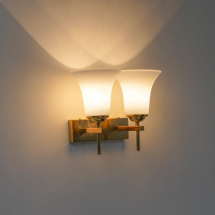 AURORA Modern Brass Finish Metal Wall Light with Frosted White Glass Shades | 2 Light E27 Holder Decorative Wall Sconce