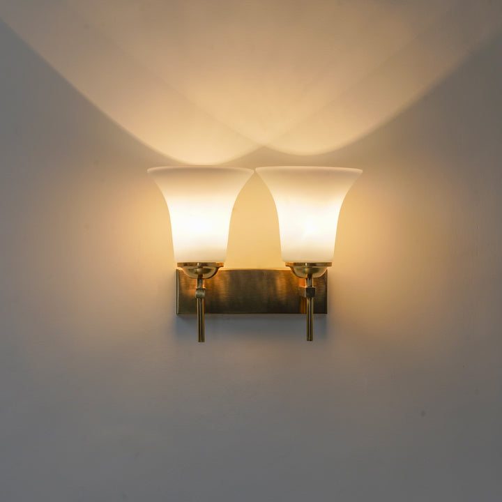 AURORA Modern Brass Finish Metal Wall Light with Frosted White Glass Shades | 2 Light E27 Holder Decorative Wall Sconce