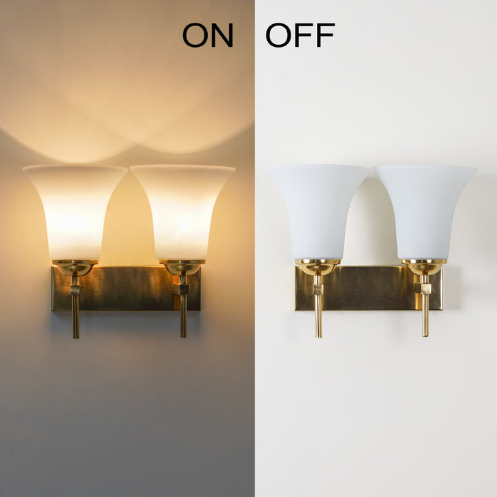 AURORA Modern Brass Finish Metal Wall Light with Frosted White Glass Shades | 2 Light E27 Holder Decorative Wall Sconce