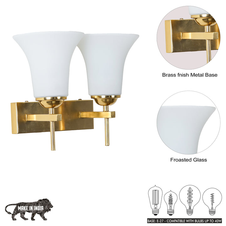 AURORA Modern Brass Finish Metal Wall Light with Frosted White Glass Shades | 2 Light E27 Holder Decorative Wall Sconce