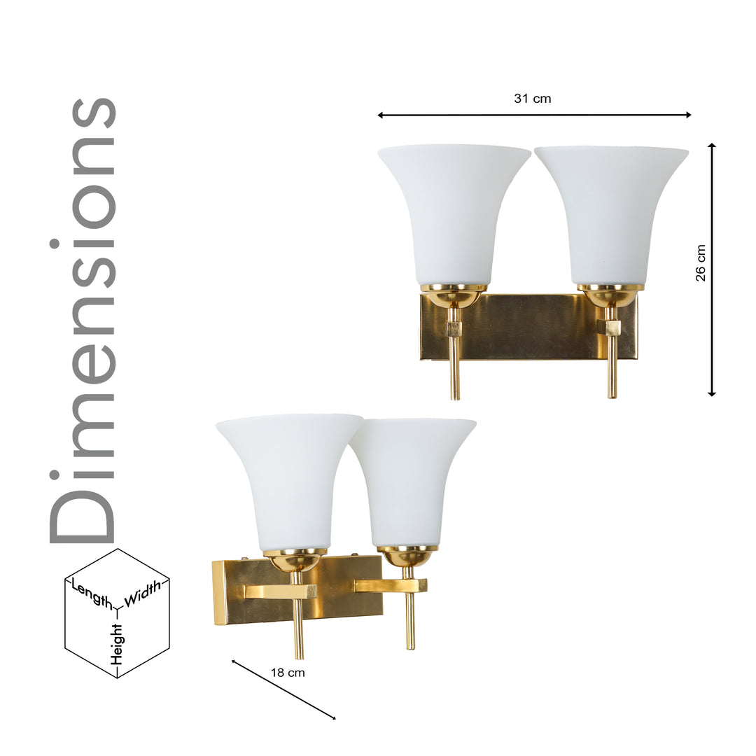AURORA Modern Brass Finish Metal Wall Light with Frosted White Glass Shades | 2 Light E27 Holder Decorative Wall Sconce