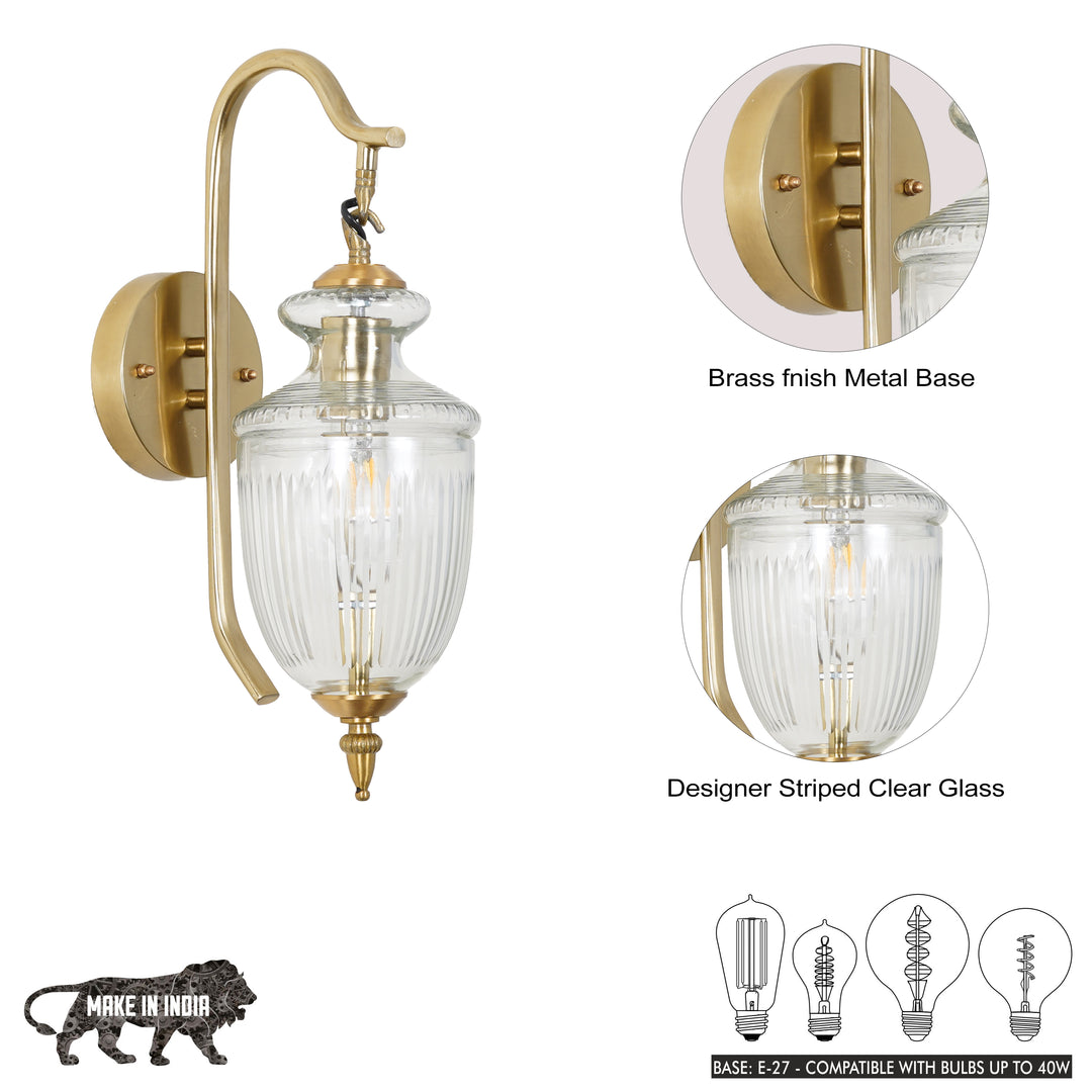 ZELORA Premium Designer Striped Clear Glass Wall Light with Brass Finish