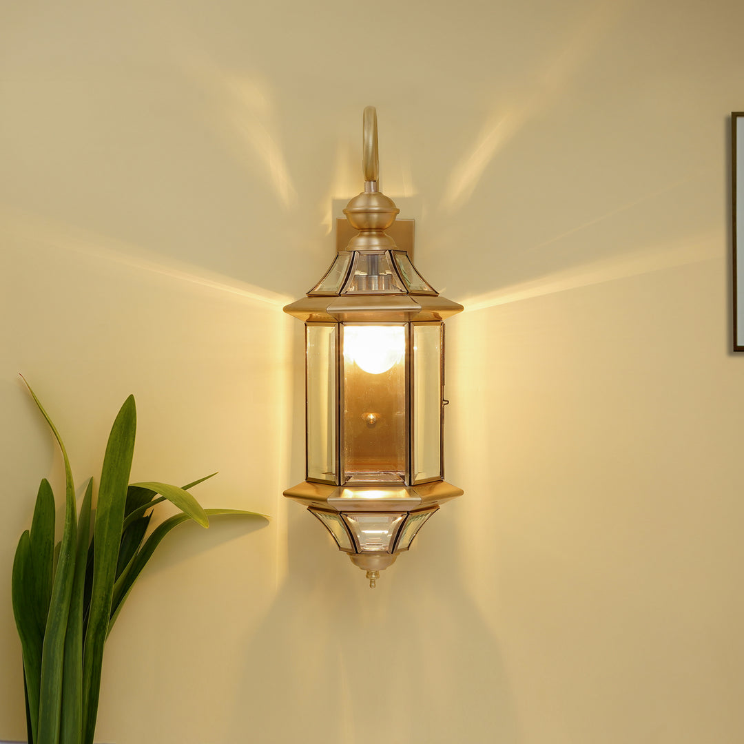 BELIEF Modern Outdoor Wall Light in Brass Finish with Clear Glass Shade