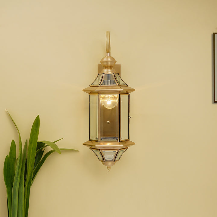 BELIEF Modern Outdoor Wall Light in Brass Finish with Clear Glass Shade