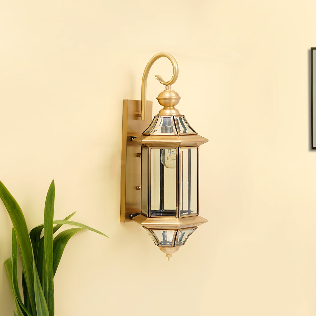 BELIEF Modern Outdoor Wall Light in Brass Finish with Clear Glass Shade