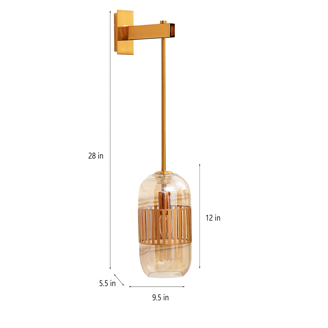 CARLSON Single Light Amber Glass and Antique Brass Finish Metal Wall Light