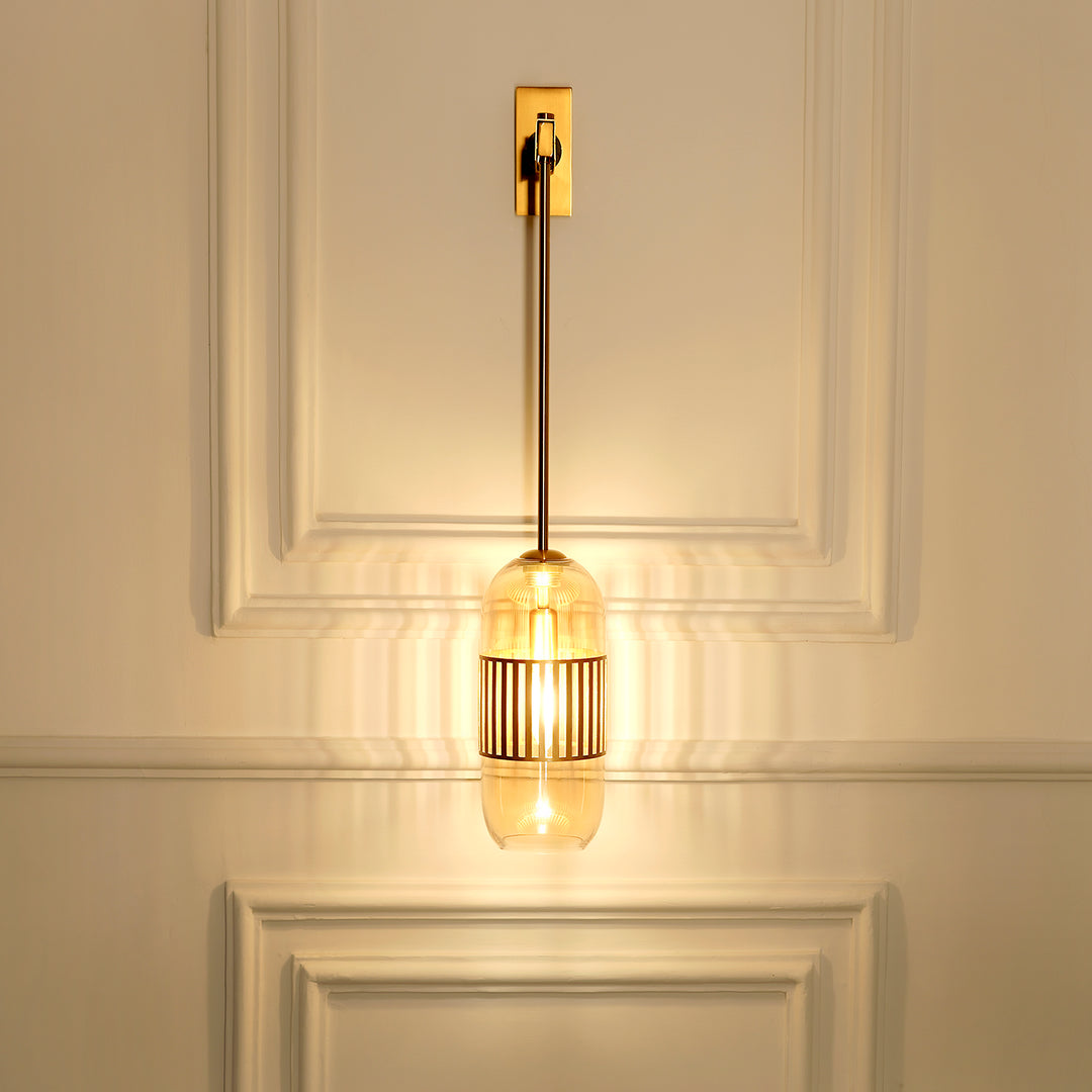CARLSON Single Light Amber Glass and Antique Brass Finish Metal Wall Light