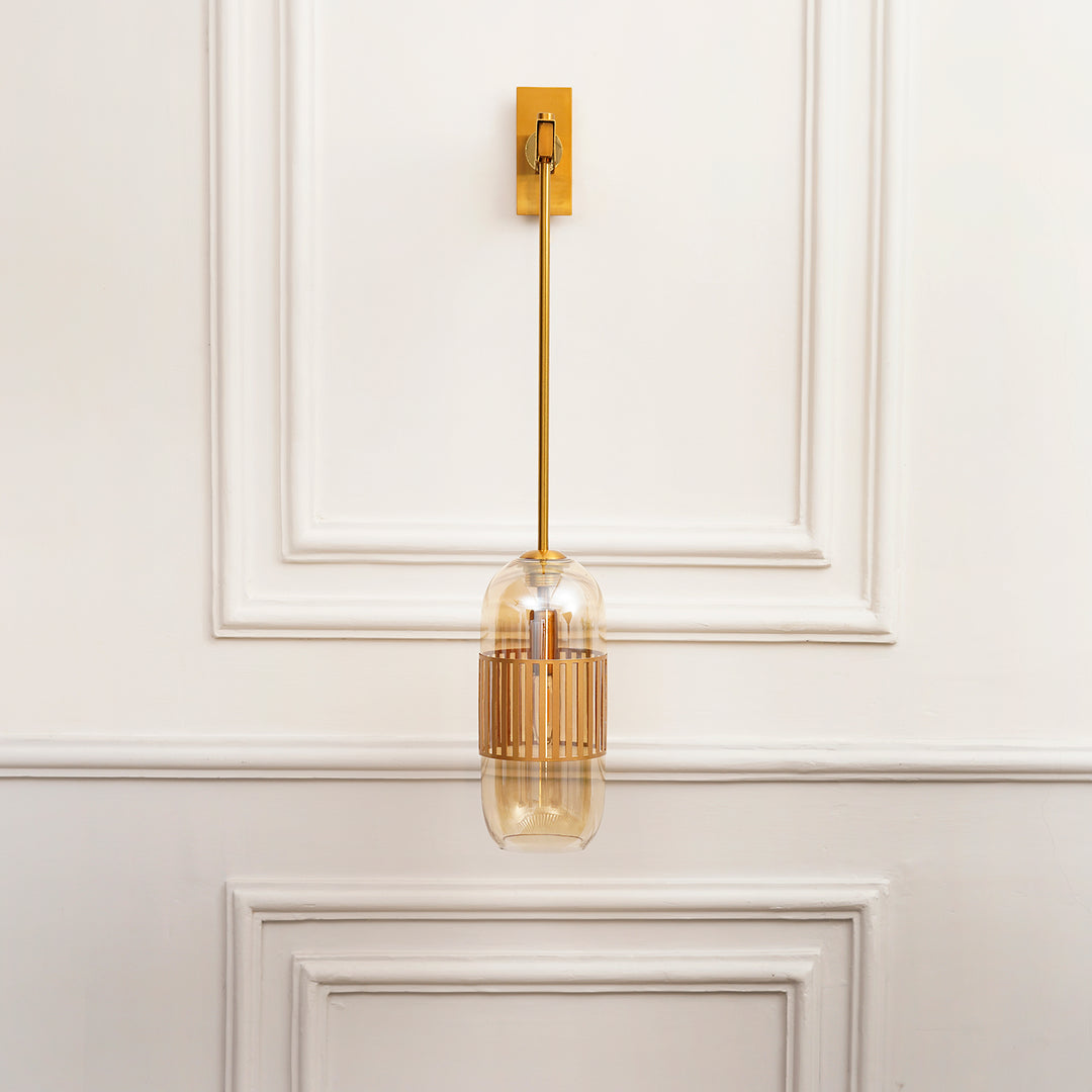 CARLSON Single Light Amber Glass and Antique Brass Finish Metal Wall Light