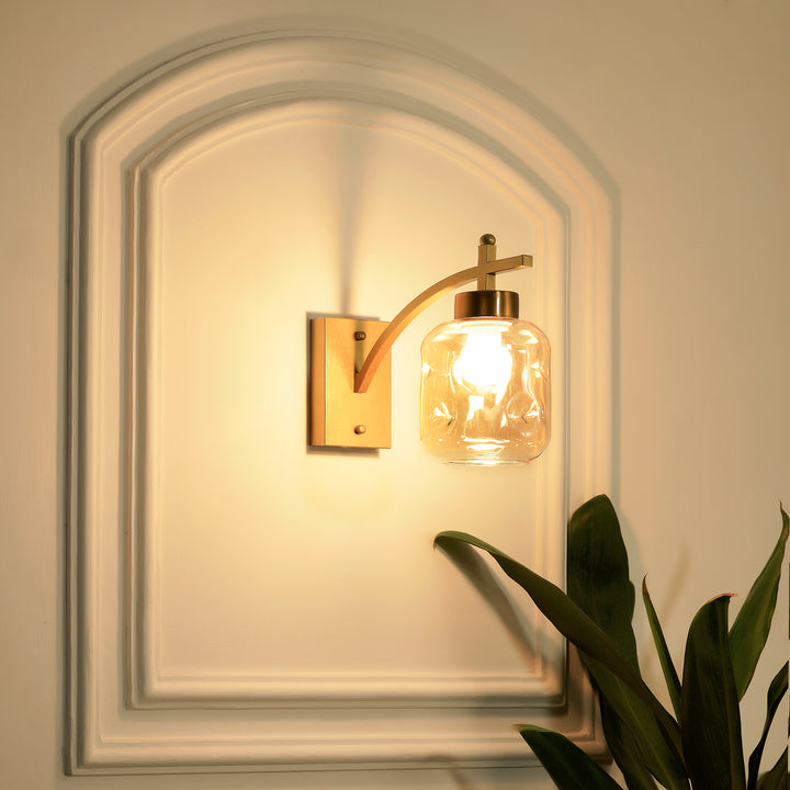 HADANO Single Light Amber Glass and Shine Brass Finish Metal Wall Light