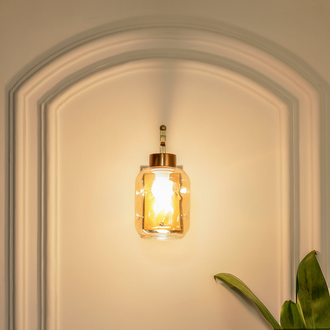 HADANO Single Light Amber Glass and Shine Brass Finish Metal Wall Light