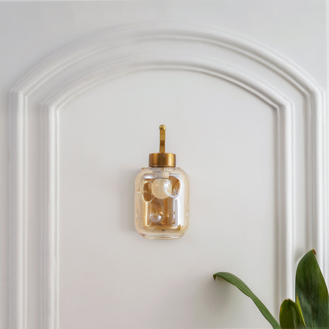 HADANO Single Light Amber Glass and Shine Brass Finish Metal Wall Light