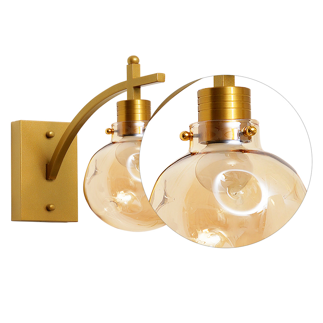 ADMIRAL Single Light Shine Brass Finish Metal & Amber Glass Wall Light