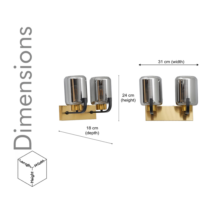 ISABELLA 2 Light Wall Fitting In Black And  Brass  Finish Metal With Smoke Glass