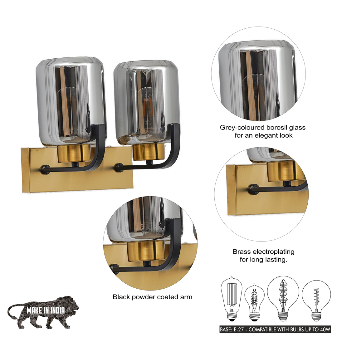 ISABELLA 2 Light Wall Fitting In Black And  Brass  Finish Metal With Smoke Glass