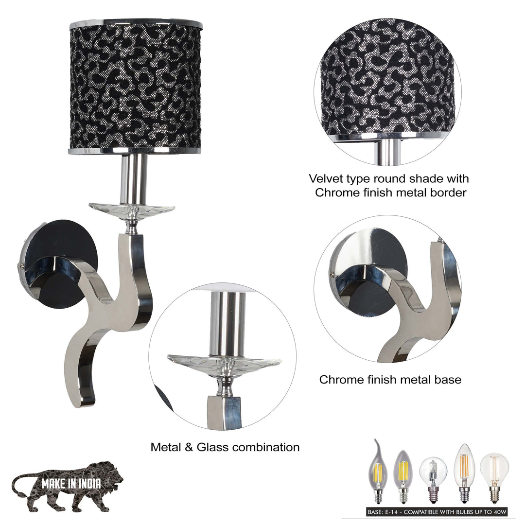 STAYTON Black Drum Shade Wall Light with Chrome Metal Body – Modern Decorative Wall Lamp for Bedroom, Living Room & Hotel Interiors