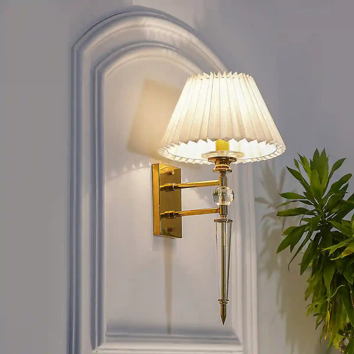 Aberdeenshire Glass and shiny Brass Wall Light With Off White Cotton Shade