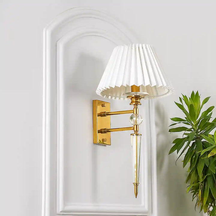 Aberdeenshire Glass and shiny Brass Wall Light With Off White Cotton Shade