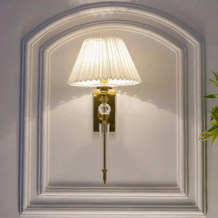 Aberdeenshire Glass and shiny Brass Wall Light With Off White Cotton Shade