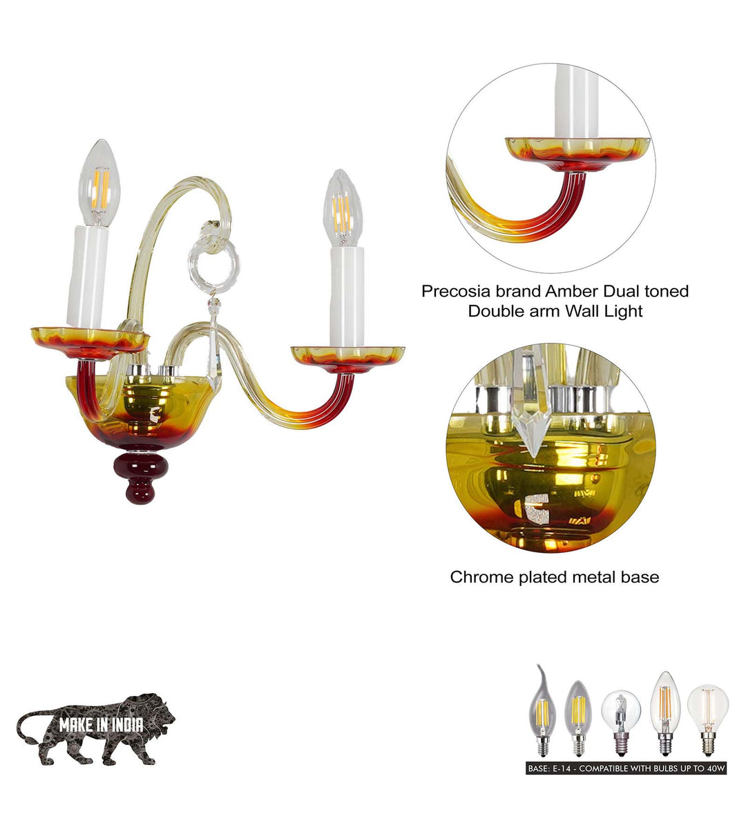 VARESE 2-Light Amber Dual-Tone Glass Wall Lamp with Chrome Metal Body