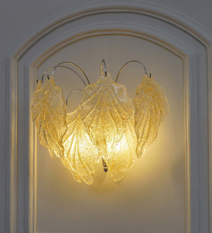 VINTAGE Murano Glass Golden Dust Finish Leaves and Chrome Finish Metal Wall Light