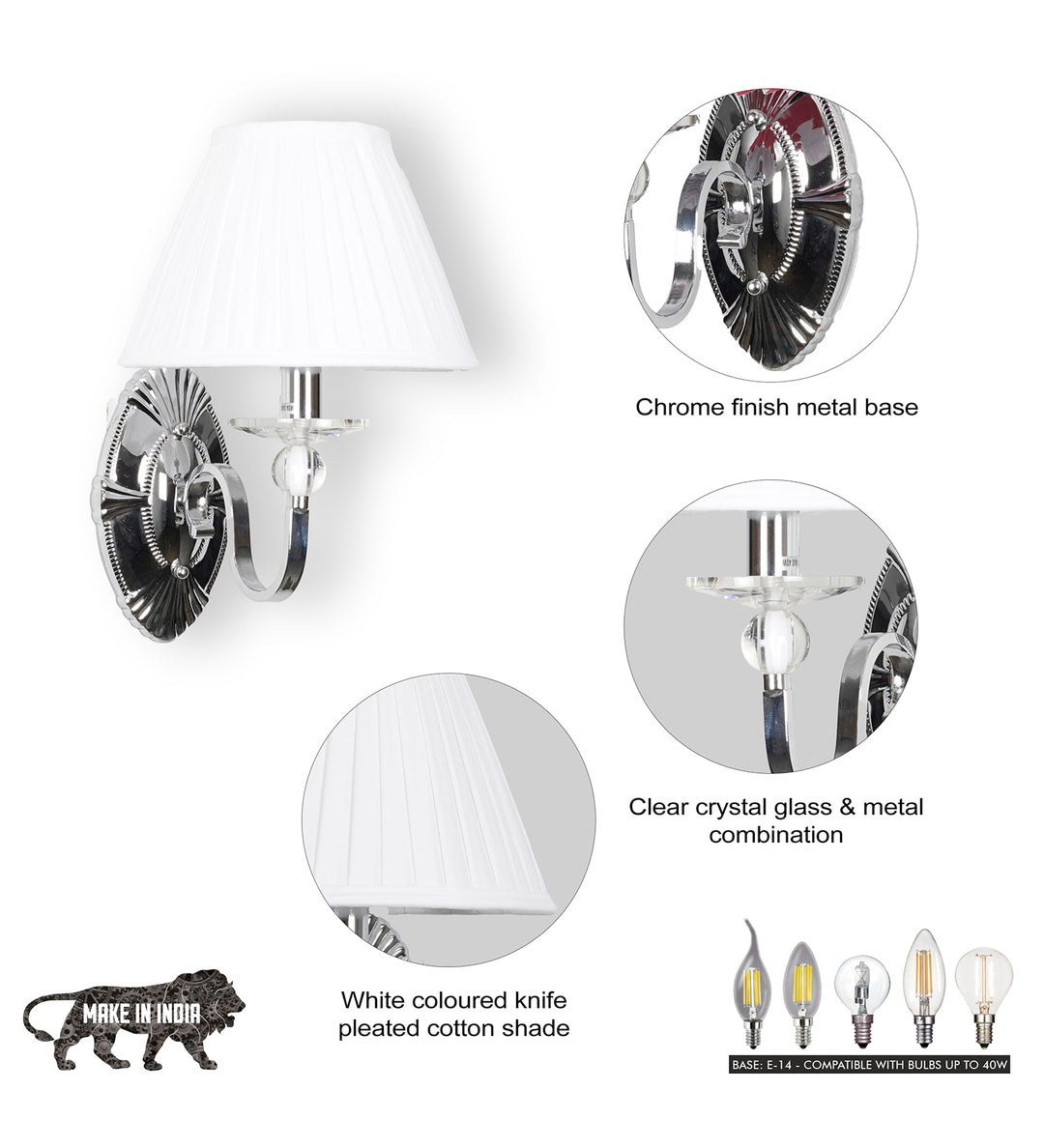 ELVIRA Fabric Shade Wall Light with Crystal Glass & Chrome Finish Metal Body – Modern Decorative Wall Lamp