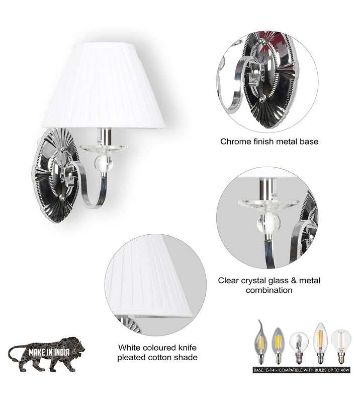 ELVIRA Fabric Shade Wall Light with Crystal Glass & Chrome Finish Metal Body – Modern Decorative Wall Lamp