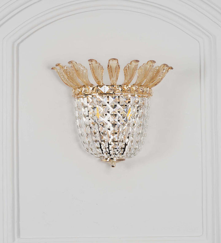 VELORIA Honey Crystal Wall Light with Gold Finish Metal Body – Modern Decorative Crystal Wall Lamp