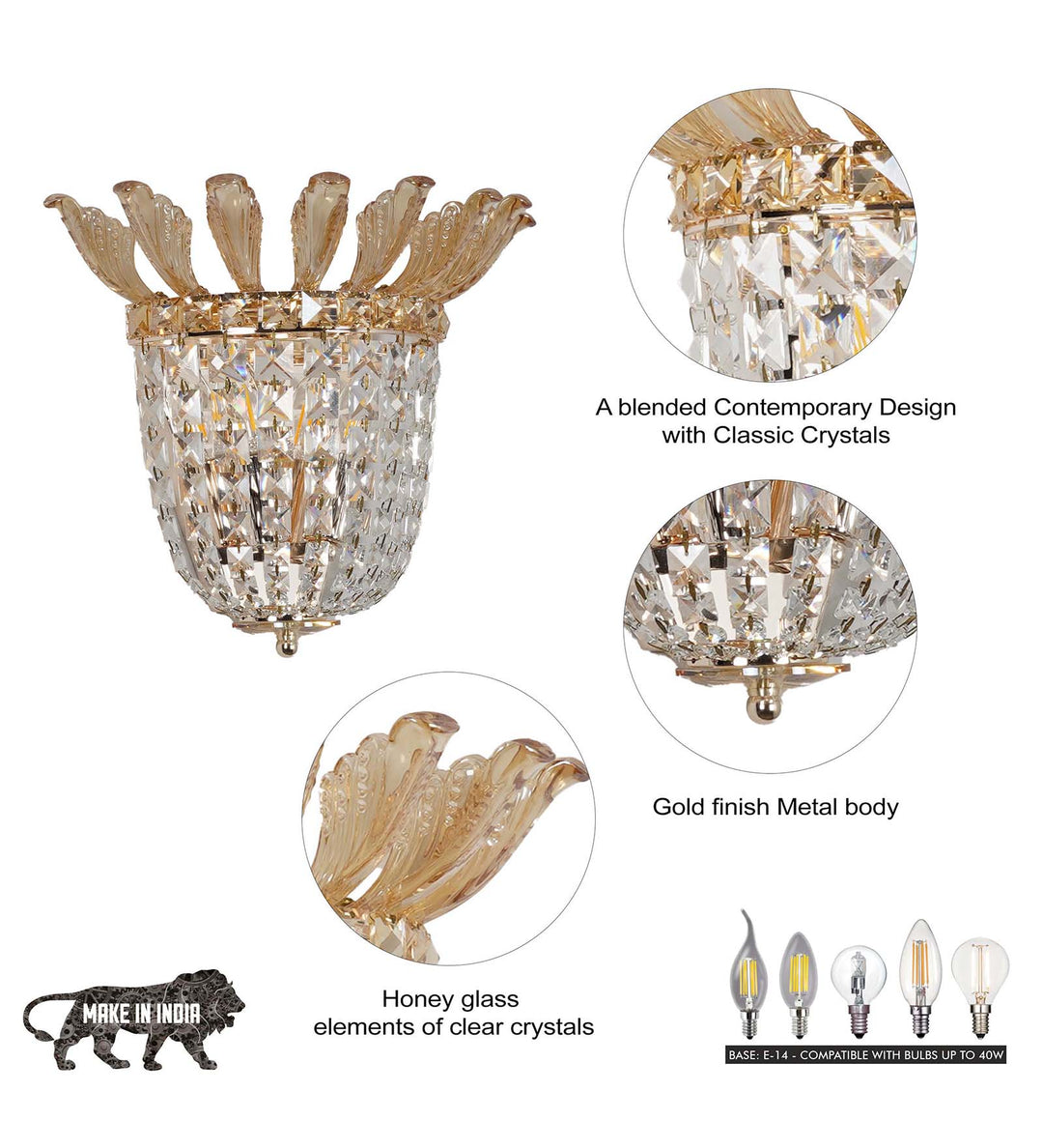 VELORIA Honey Crystal Wall Light with Gold Finish Metal Body – Modern Decorative Crystal Wall Lamp