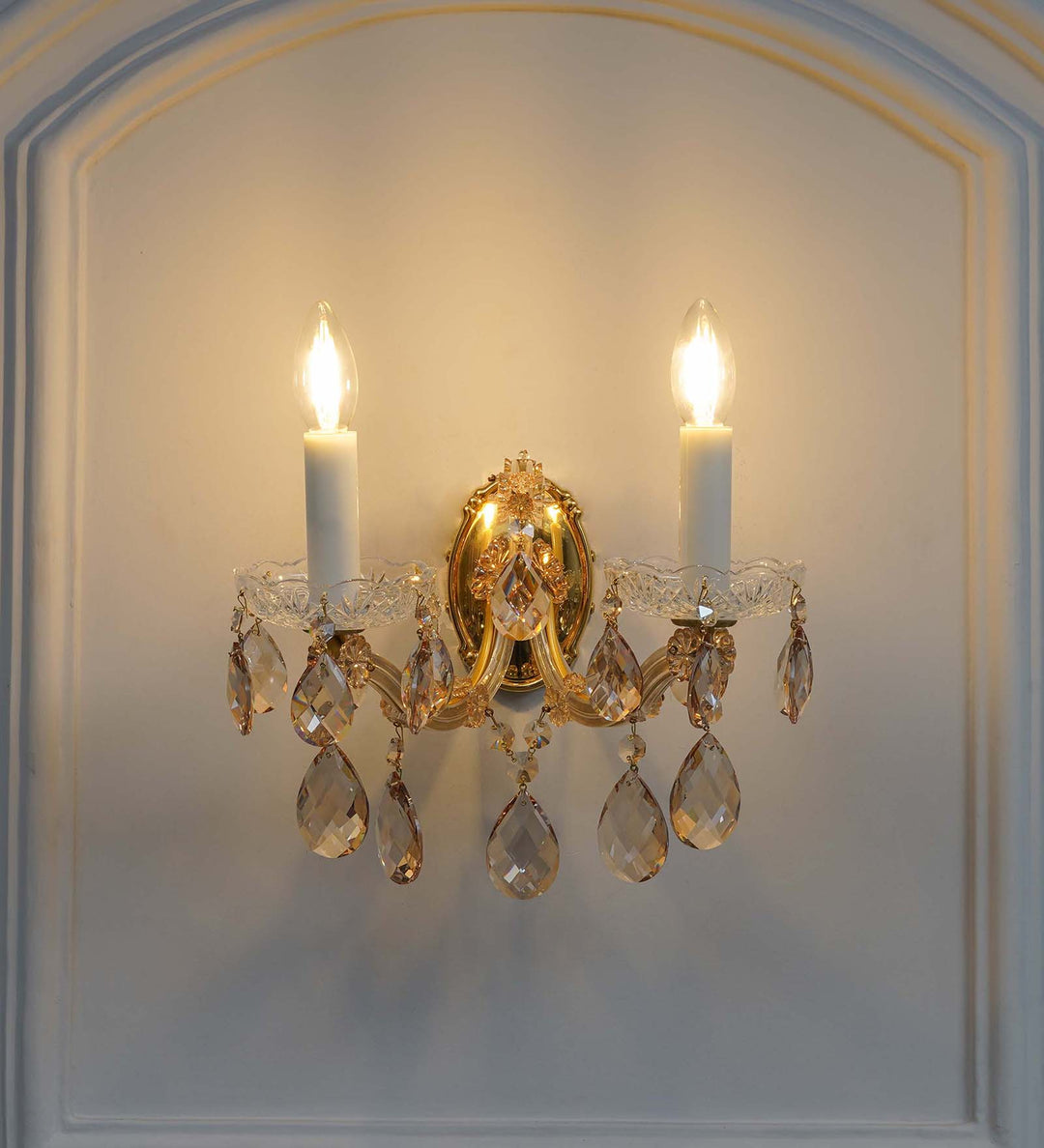 AURELIA 2-Light Gold Finish Crystal Wall Lamp with Hanging Cut Crystals